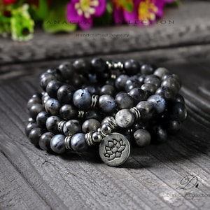 108 Beads Mala Bracelet, Black Labradorite Mala Prayer Bracelet, Natural Stone Mala, Healing Meditation Spiritual Protection Gift