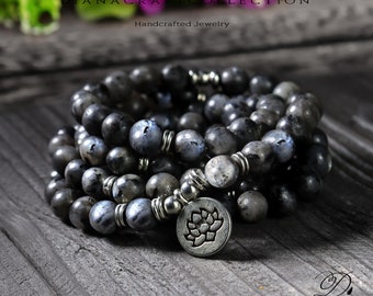 108 Beads Mala Bracelet, Black Labradorite Mala Prayer Bracelet, Natural Stone Mala, Healing Meditation Spiritual Protection Gift