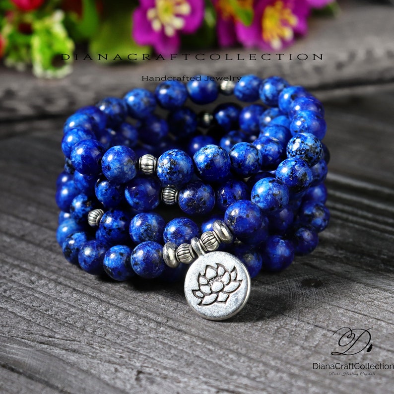 108 Beads Mala Bracelet, Lapis Lazuli Mala Prayer Bracelet, Blue Gemstone Mala, Healing Meditation Spiritual Protection Gift image 1