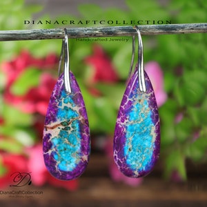 Natural Gemstone Dangle Earrings, Purple Sea Sediment Jasper Teardrop Earrings, Healing Crystal Calming Meditation Spiritual Protection Gift