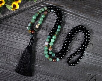 Green Aventurine 108 Beads Mala Necklace, Black Onyx  Mala Prayer Tassel Necklace, Natural Gemstone Mala, Healing Crystal Protection Gift