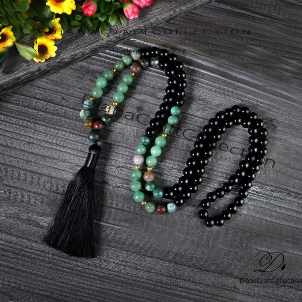 Green Aventurine 108 Beads Mala Necklace, Black Onyx  Mala Prayer Tassel Necklace, Natural Gemstone Mala, Healing Crystal Protection Gift