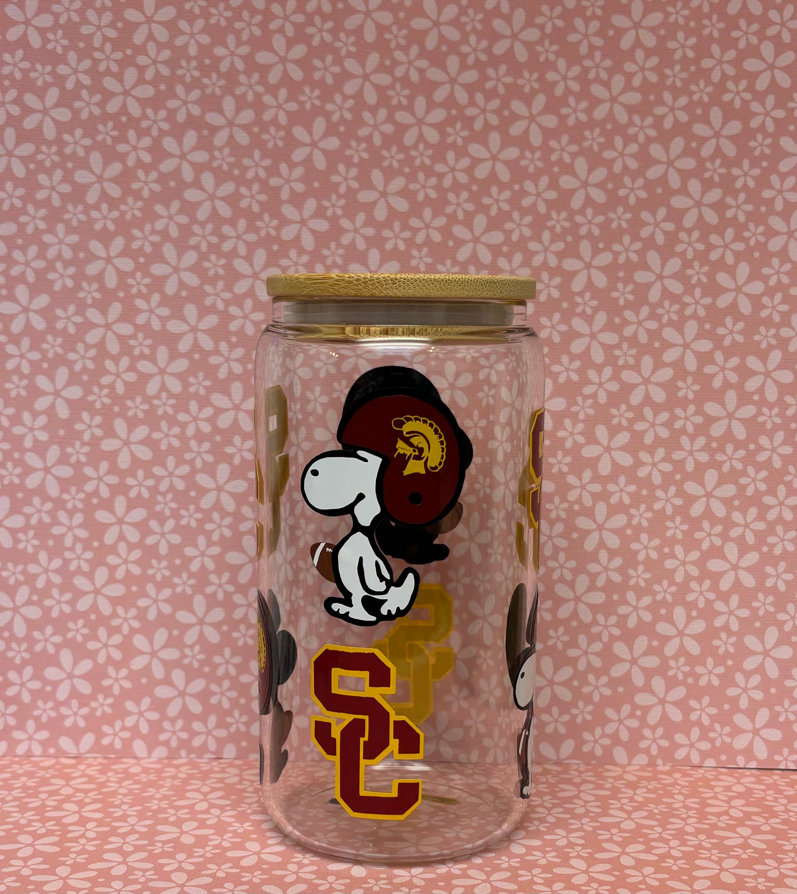 College Football Snoopy Libbey Style Glass 16oz With Lid and Straw Iced