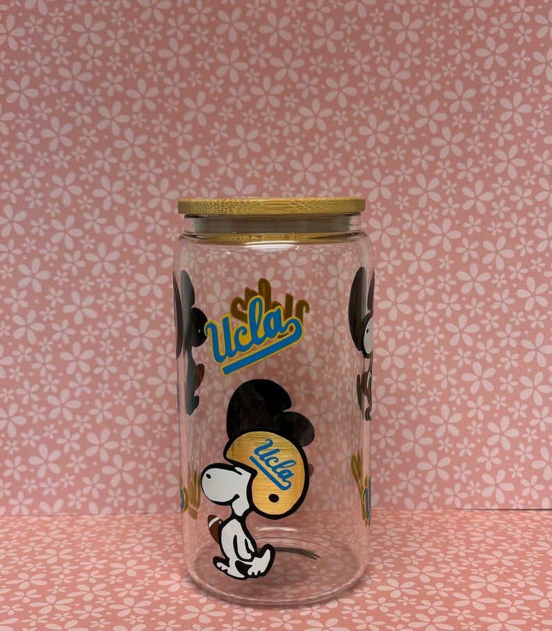 College Football Snoopy Libbey Style Glass 16oz With Lid and Straw Iced