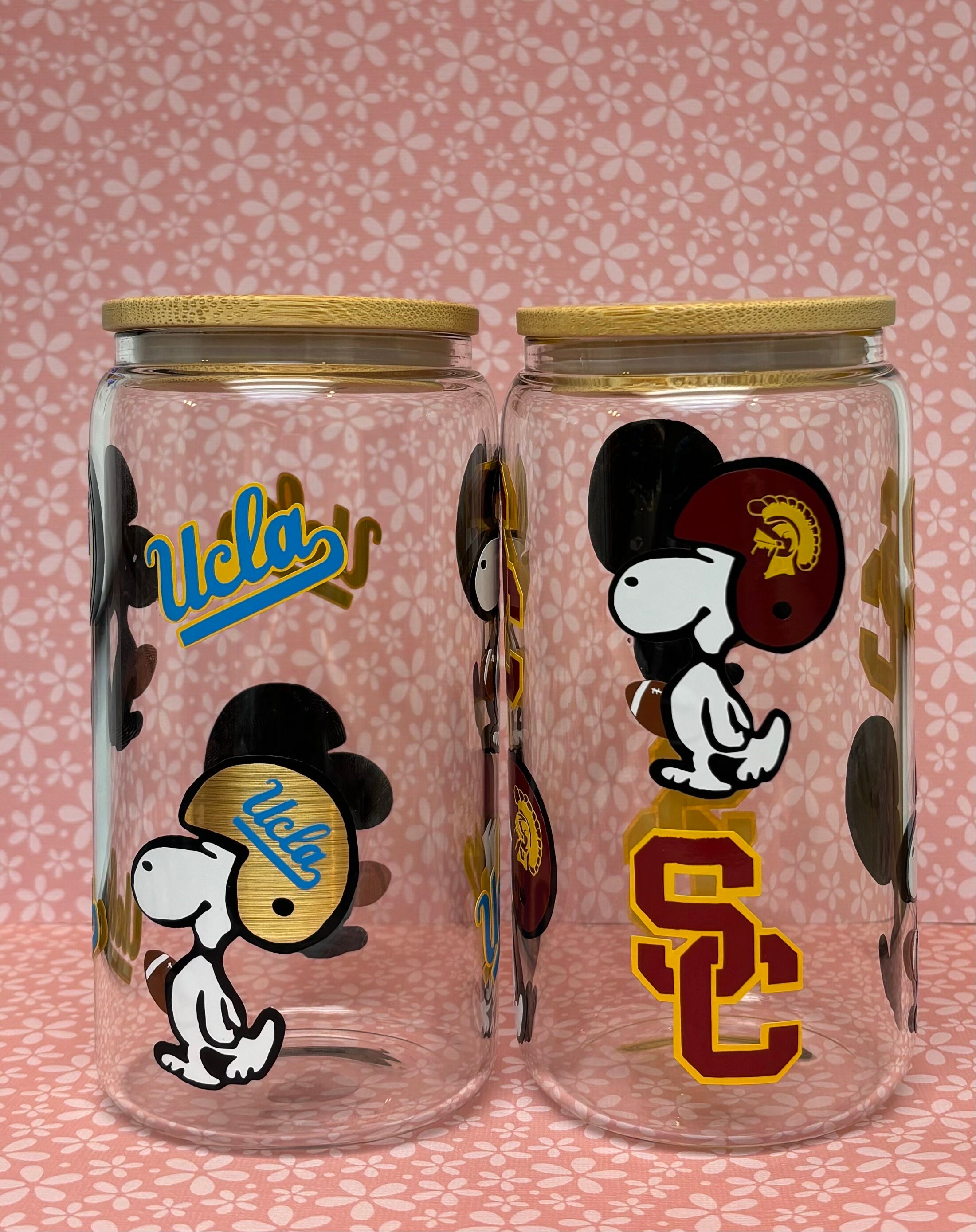 College Football Snoopy Libbey Style Glass 16oz With Lid and Straw Iced