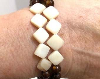 White shell diamond shape beads with brown shell beads, white and brown bracelet, shell bracelets, stretch bracelet, imagination, luck