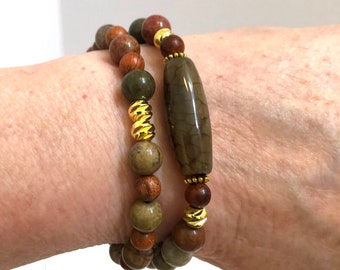 Handmade bracelet set, Natural Agate tube bead w/Natural River stones & 18K plated spacer beads, brown gemstone bracelet, stretch bracelet