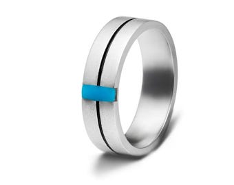Herrenring Türkis | Sterling Silber Band, rhodiniert
