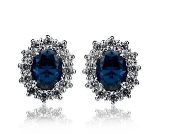 Faux Blue Sapphire Stud Earrings Cubic Zirconia Halo Sterling Silver 925 September Birthstone Style Minimalist Gemstone Studs