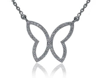 Moissanite Butterfly Necklace | Sterling Silver Pendant, 18 inch Chain