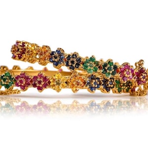 Rainbow Multi Gemstone Floral Armband – Handgjort 925 Silver 22k Guldplätering med Rubin Smaragd Safirpärla