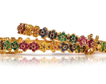 Rainbow Multi Gemstone Floral Bracelet – Handcrafted 925 Silver 22k Gold Plate with Ruby Emerald Sapphire Pearl