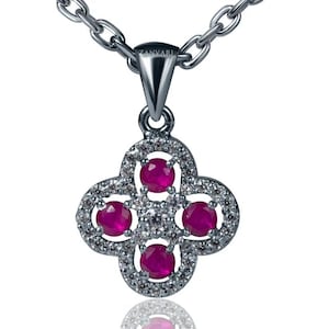 Ruby Leaf Clover Pendent in Sterling Silver 925 | With Cubic Zirconia | Birthstone Pendent | Handmade, Ruby Pendent Gift