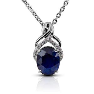 Natural Sapphire Necklace with Cubic  Zirconia | Sterling Silver 925 | Handcrafted 18&quot; Chain |  Oval Pendent in Blue Sapphire | Gift for Her