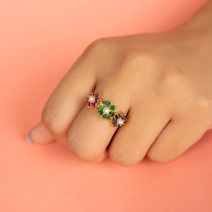 Multi Gemstone Ring | Multicolor Ring | Sterling Silver 925 | Gold Plated Floral Ring | Rainbow Jewelry | Ruby, Sapphire, Emerald, Pearl