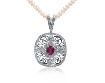 Natural Ruby and Moissanite Pendent with Pearl String in Silver 925 | Ruby and Pearl Necklace