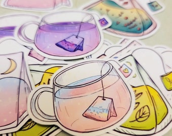 Vinyl Stickers Tea Lover Die-Cut Waterproof Glossy Sticker Tea Bag Tea Mug Tea Time Whimsical Magical Fairytale Cute Colorful Tea Quote
