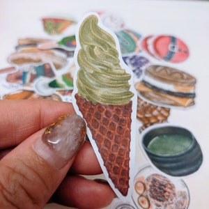 Matcha Green Tea Stickers Die-Cut Paper Matte Cute Food Illustration Dessert Drawing Japanese Desserts Sweets Ice Cream Cone Parfait