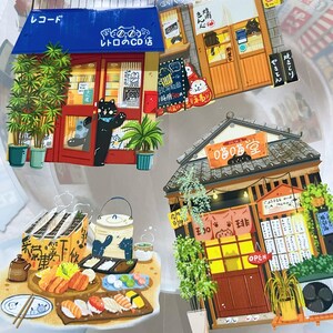 May include: A collection of colorful Japanese-themed stickers featuring illustrations of shops, restaurants, and food. The stickers include a record store, a yakitori restaurant, and a sushi display. The stickers have Japanese text and cartoon characters.