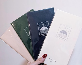 Puede incluir: Una mano sostiene cuatro cuadernos en varios colores: rosa pálido, verde, azul marino y blanco roto. Cada cuaderno presenta una ilustración estilizada de un edificio y el texto "Keep A Log [Blank]" en la portada.