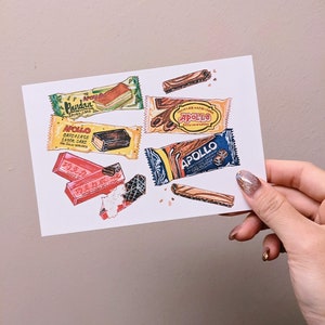 Simpatici snack locali carta snack per l'infanzia illustrazione di cibo disegno di dessert biglietto di auguri cartolina snack del sud-est asiatico dolci stampa artistica