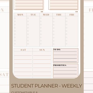 Peut inclure: Un planificateur étudiant imprimable avec une mise en page hebdomadaire. Le planificateur comprend des sections pour les objectifs hebdomadaires, les notes et les tâches quotidiennes. Il comprend également une liste de choses à faire et une section pour les priorités. Le planificateur est décoré d'une pile de livres et d'un crayon.