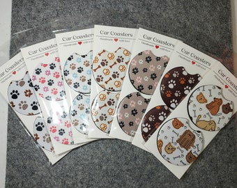 Dog car coasters set of 2, paw print dog cup holder dog coasters, 7 different designs and colors