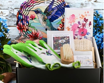Self care gardener gift box hummingbird lover copper plant marker flower seeds mom handmade soap bamboo dish nail and brush garden gloves