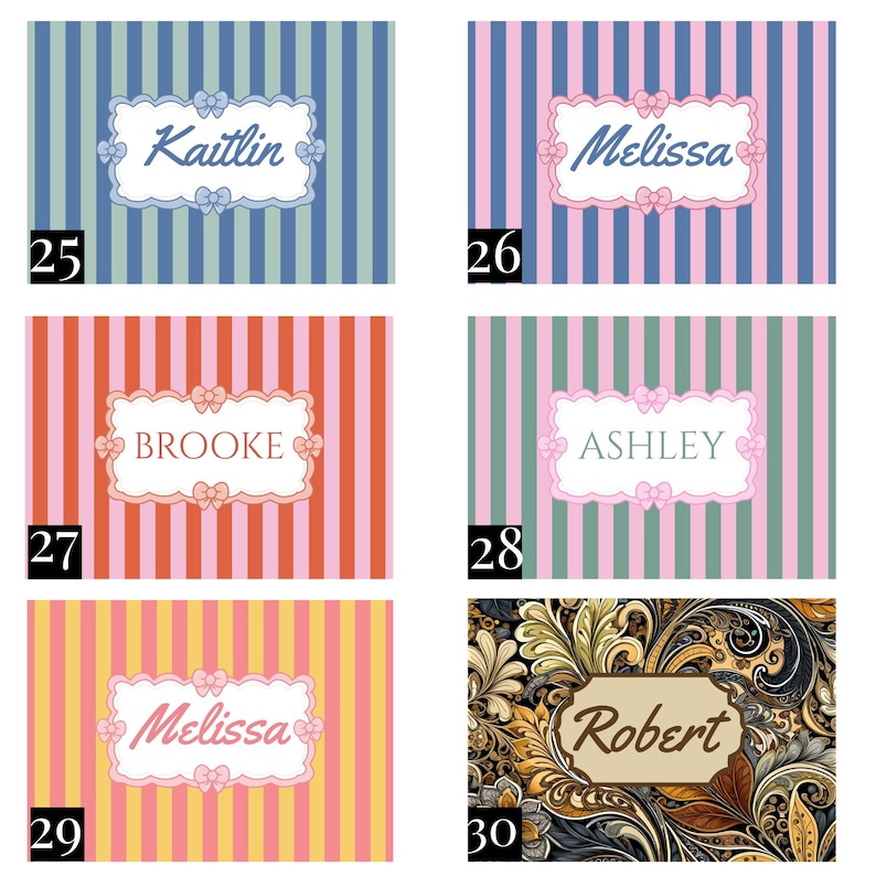May include: A collection of six rectangular labels featuring various designs. Five labels have vertical stripes in blue, pink, orange, green, or yellow with a central white scalloped frame containing a name and small bow icons. One label has a dark floral pattern.