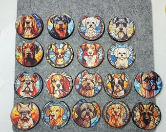 Dog car coasters, 18 stain glass dog breeds, set of 2 car coasters for cup holder, drinkware accessory