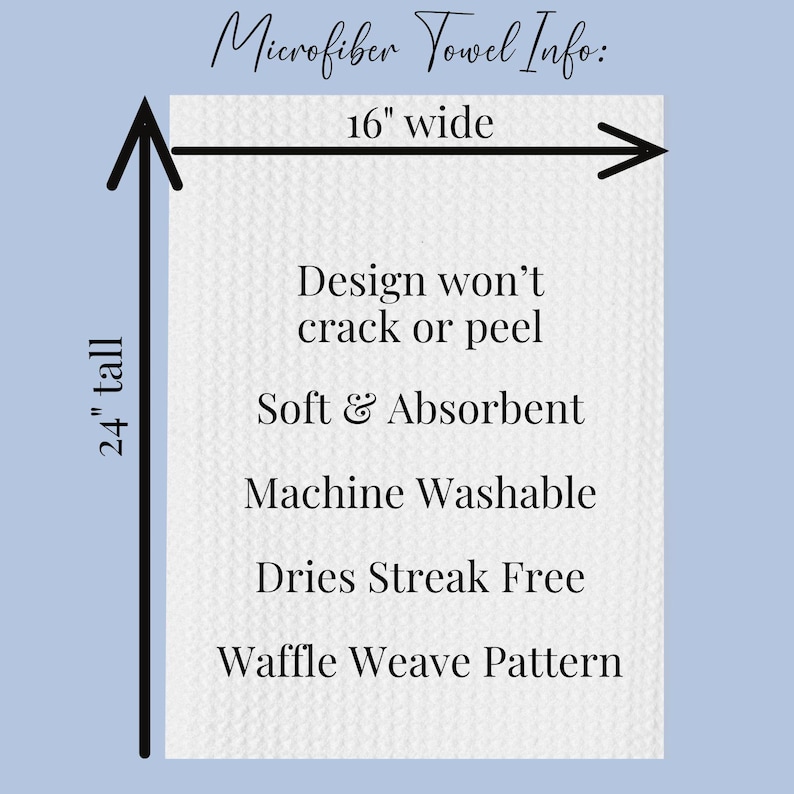 Op de afbeelding: Een witte microvezeldoek met een wafelpatroon, 16 inch breed en 24 inch hoog. De tekst op de handdoek luidt: Microfiber Towel Info: Design won't crack or peel, Soft & Absorbent, Machine Washable, Dries Streak Free, Waffle Weave Pattern.