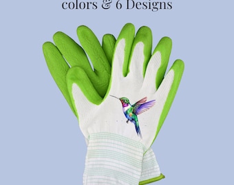 May include: A pair of white and lime green work gloves featuring a colorful hummingbird graphic on the back of the hand. The text "Choose from 4 colors & 6 Designs" is printed above the gloves. The gloves have a textured palm and a ribbed cuff.