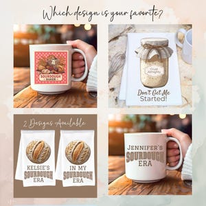Op de afbeelding: Een collage met twee witte keramische mokken en twee witte theedoeken met zuurdesem-thema. De mokken tonen de tekst Sourdough Baker en Jennifer's Sourdough Era. De theedoeken zijn voorzien van een zuurdesemstarterpot en afbeeldingen van brood.