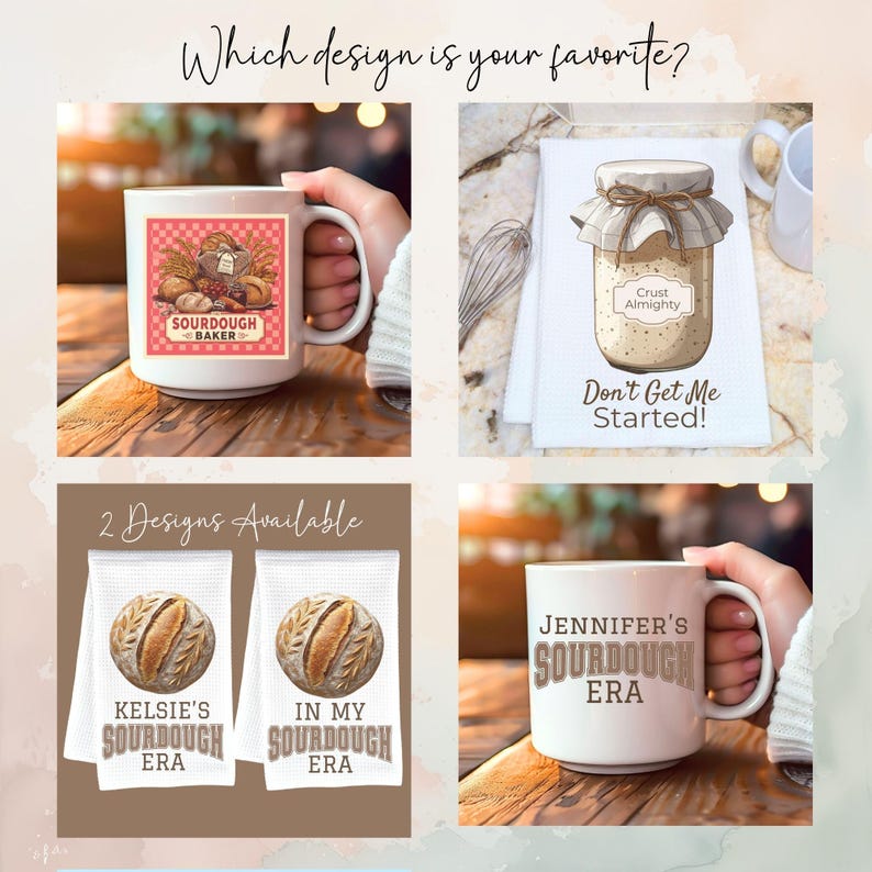 Op de afbeelding: Een collage met twee witte keramische mokken en twee witte theedoeken met zuurdesem-thema. De mokken tonen de tekst Sourdough Baker en Jennifer's Sourdough Era. De theedoeken zijn voorzien van een zuurdesemstarterpot en afbeeldingen van brood.
