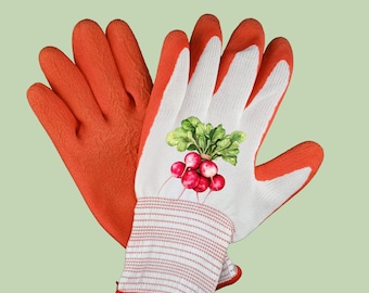 May include: A pair of work gloves with orange textured palms and white knit backs. The text 4 Colors & 8 Designs is printed at the top. The back of the right glove features a watercolor illustration of a bunch of red radishes with green leaves.