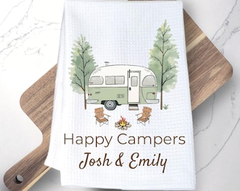 Personalized happy camper kitchen tea towel custom camper van rv accessories camping outdoor nature lover couples gift friend man birthday