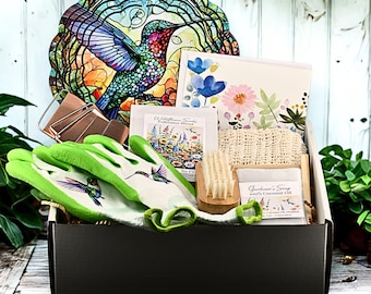 Gardeners gift box hummingbird lover copper plant marker flower seeds mom self care handmade soap bamboo dish nail and brush garden gloves