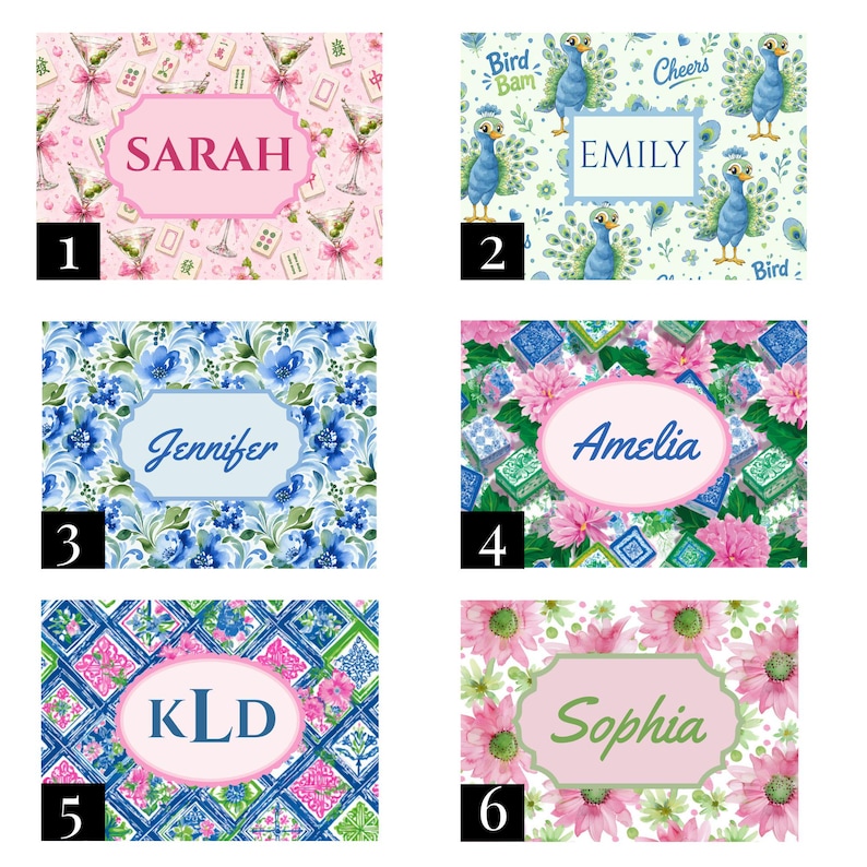 May include: Six rectangular personalised signs featuring distinct patterns: pink with martini glasses and mahjong tiles labelled SARAH, blue peacocks labelled EMILY, blue floral labelled Jennifer, pink flowers labelled Amelia, geometric tiles labelled KLD, and pink flowers labelled Sophia.
