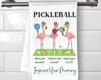 Funny pink flamingo pickleball kitchen tea towel unique team gift for women hostess birthday present best friend gift her retirement party