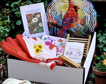 Cardinal garden gift box gardening gift flower seeds housewarming closing gift basket for women unique plant lover gift idea mom plant glove
