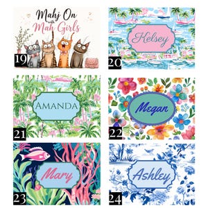 May include: A collection of six rectangular graphic prints labeled 19 through 24. Design 19 features four cats and the text Mahj On with Mah Girls. Designs 20 through 24 display various patterns including nautical, tropical, floral, and coral themes with personalized names.