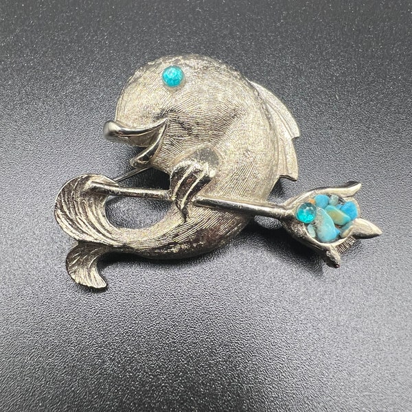 Silver Fish Brooch with Blue Stones, Jason Fish Brooch/ Pin