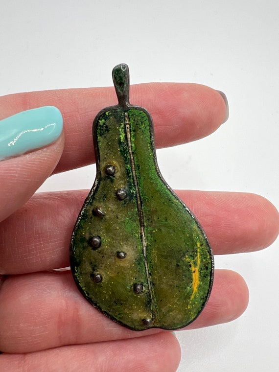 Vintage Green Pear Enamel and Copper Brooch