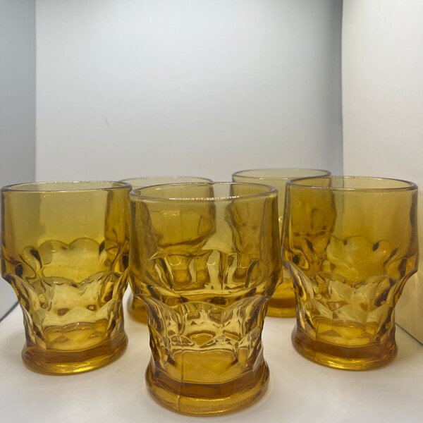 Five (5) Yellow 1960s Vintage Anchor Hocking Glasses, Mustard/Amber Georgian Honeycomb Tumblers