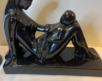 Royal Haeger 1990s Modern, Black Art Deco Pottery, Mother And Child Ceramic Statue