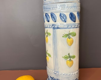 Vintage 1980 Italian Mediterranean Lemon Motif Lidded Oval Ceramic Tall Pasta Canister