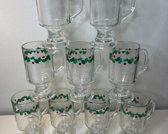 Nine Vintage Christmas/Holiday Glasses - EggNog Glasses-Footed Holiday Glasses