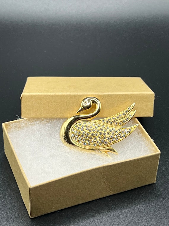 Golden Swan Brooch with Clear Rhinestones, Pin, Ti