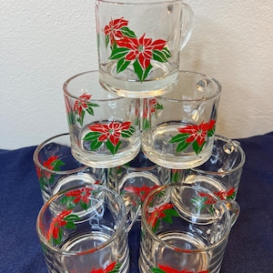 8 Eight -1980s Vintage Cappuccino Glasses, Christmas Poinsettia Red & Green Glasses, Egg Nogg Glasses, Hot Toddy, Hot Cider Cup