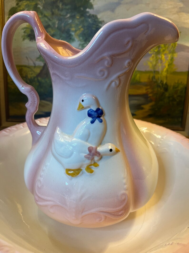 Vintage 1890 Ironstone England Water Pitcher & Wash Basin Bowl, With